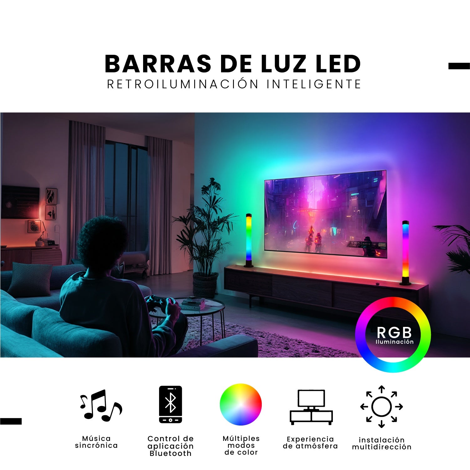 2 Barras Led De Luz Ambiente Multicolores Tv Sonidos Ritmica Con App Rgb Decoracion Innovo