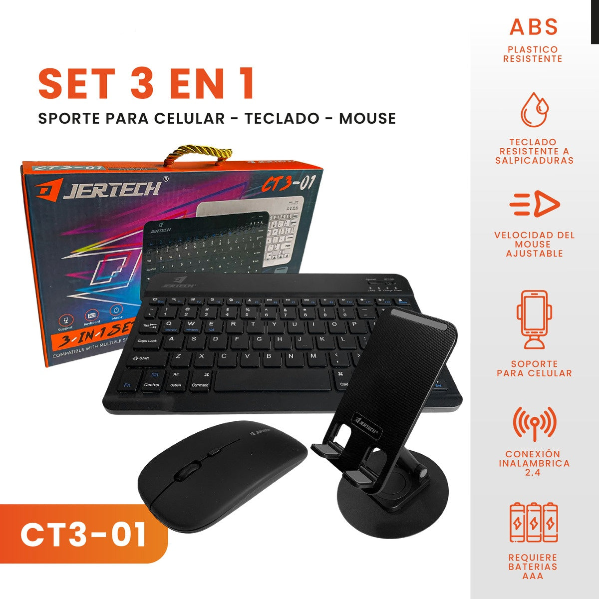 Teclado Inalambrico 3 En 1 Jertech Inn Receptor Usb Mouse Soporte Tablet O Celular Portatil