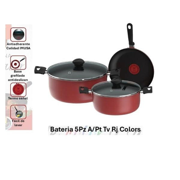 Bateria De Cocina Imusa Colors 5 Piezas Roja Antiadherente Con Tapa De Vidrio