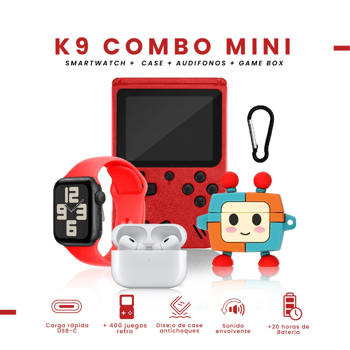 Smart Watch Deportivo Serie 8 Plus Con Audifonos Case Videojuegos Rojo