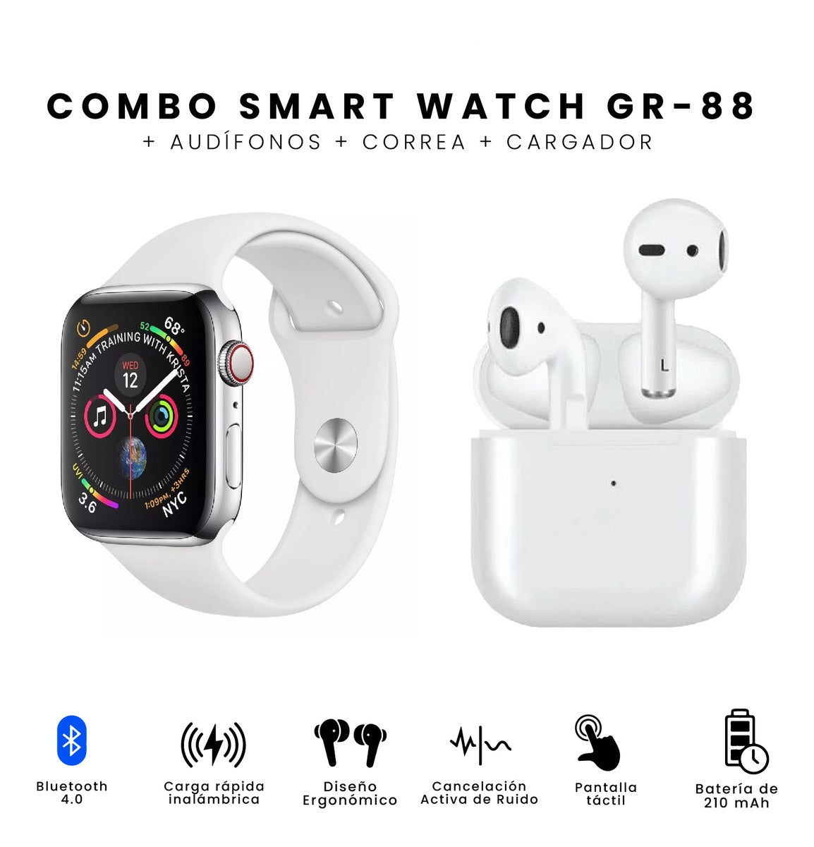 Smartwatch Gr88 Doble Pulso Blanco Imantado Series 8 Sport Con Audifonos Recargables Innovo Tech