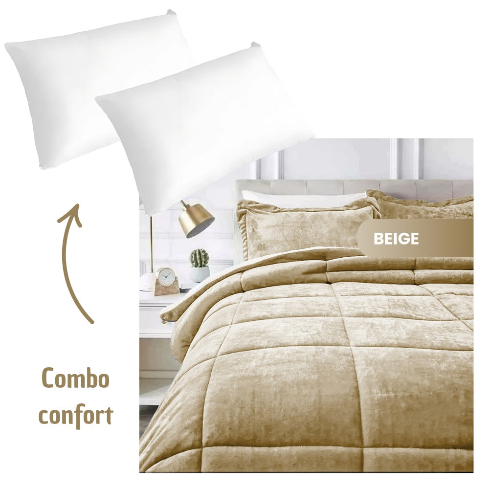 Combo Cubrelecho Termico Ovejero Doble Funda + 2 Almohadas Confort Siliconada
