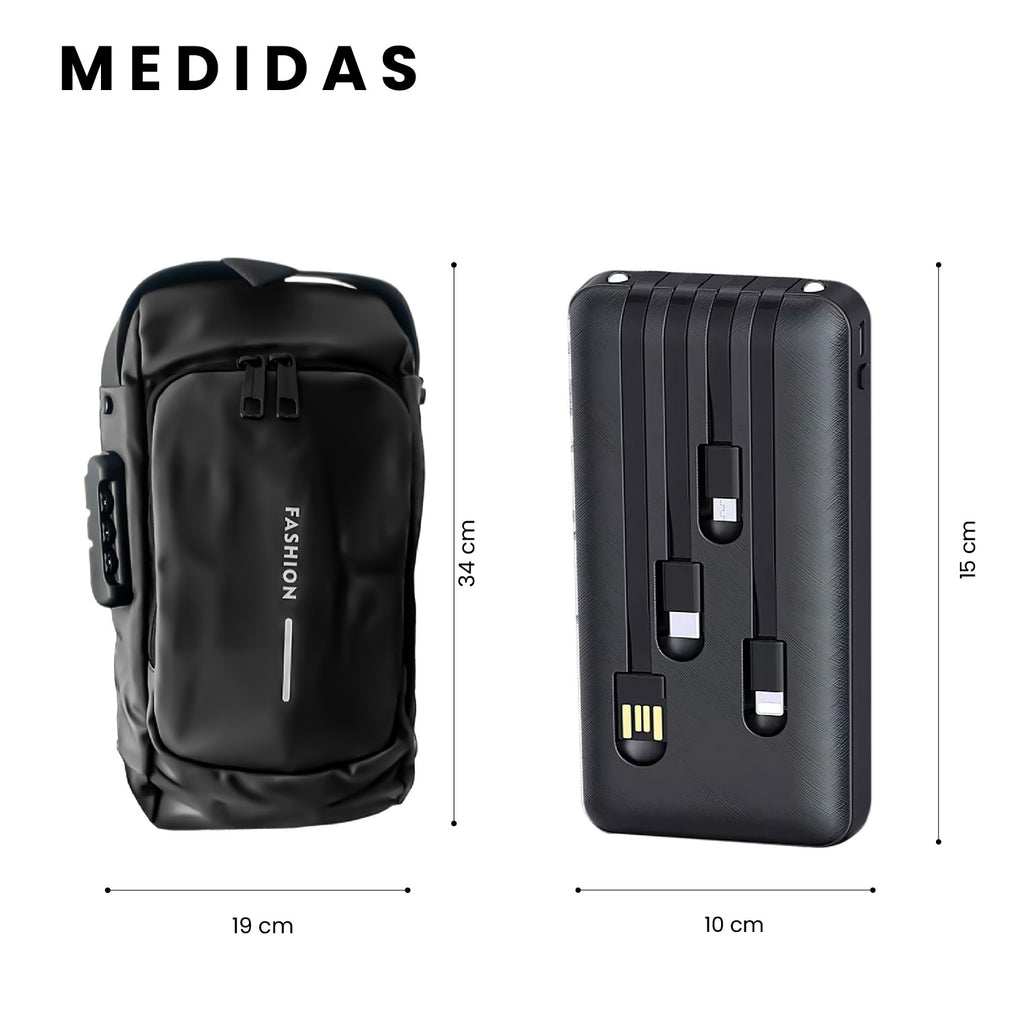 Bolso Manos Libres Antirrobo Con Clave Hombre Color Negro Con Power Bank 10.000