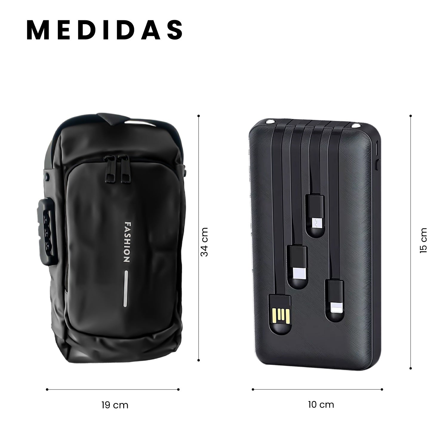 Bolso Manos Libres Antirrobo Con Clave Hombre Color Negro Con Power Bank 10.000