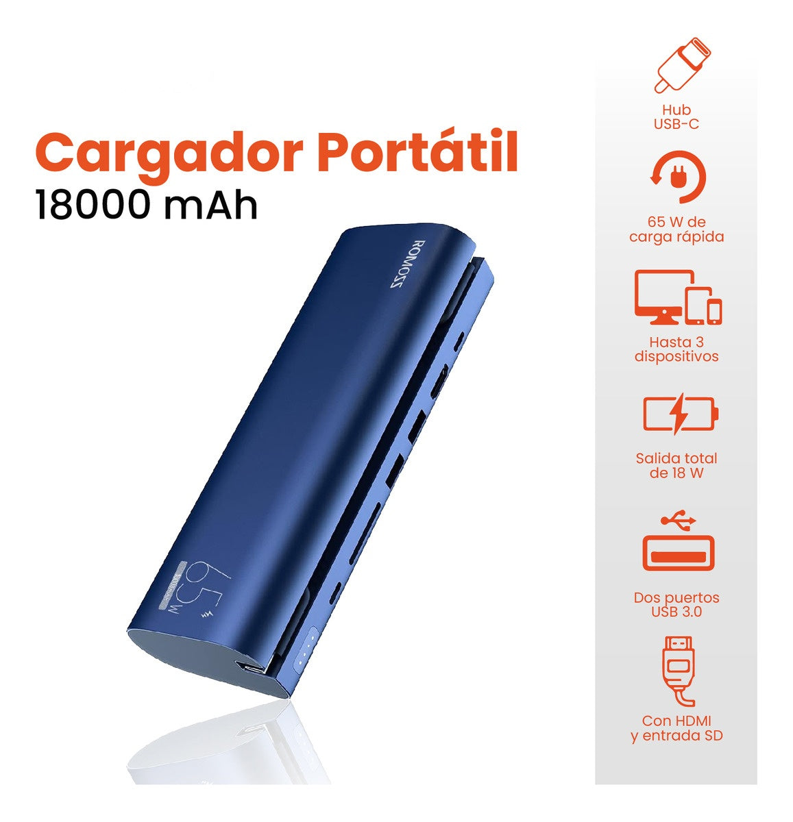 Power Bank Cargador Para Laptop Celulares 18.000 Mah 100W Con Multipuertos 6 En 1 Romoss