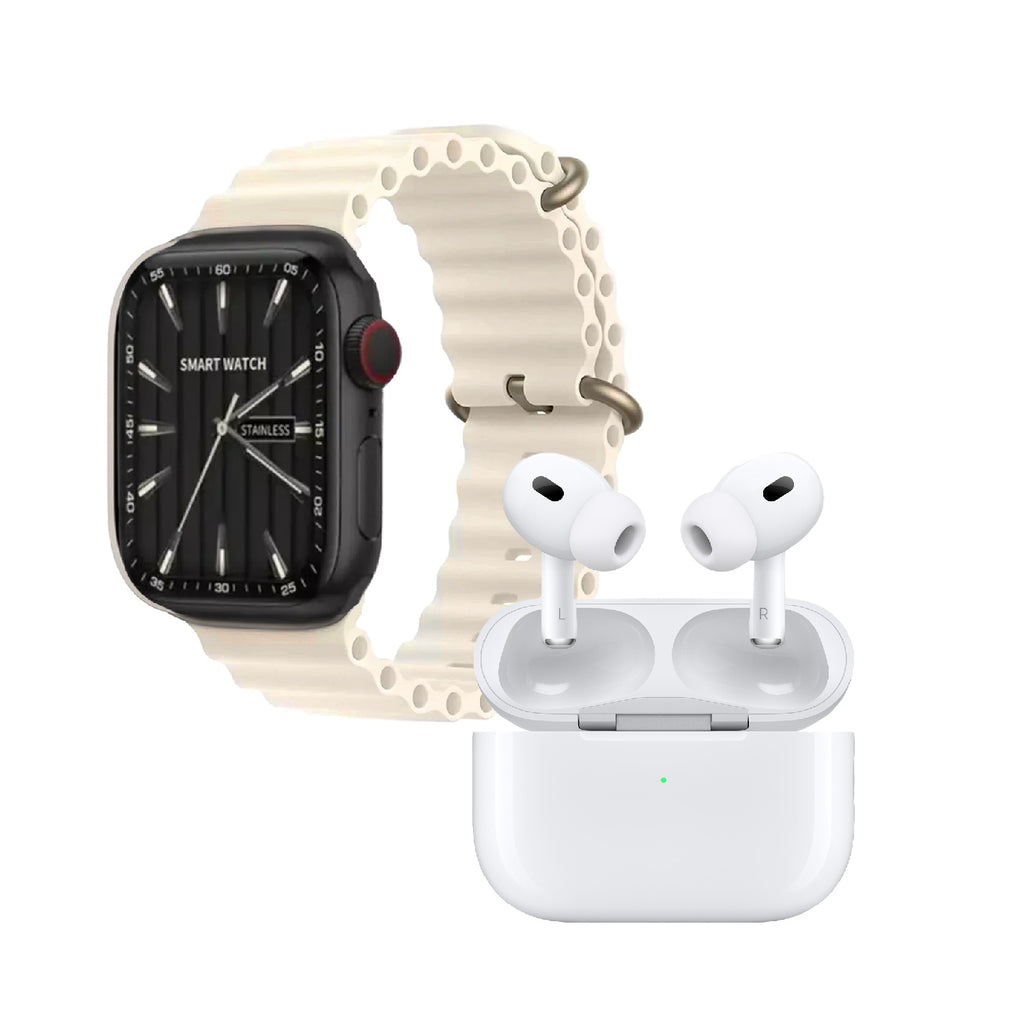 Combo Smartwatch Sport V11 Classic Suit 7 Pulsos Beige Con Audifonos Y Soporte Giratorio Celular