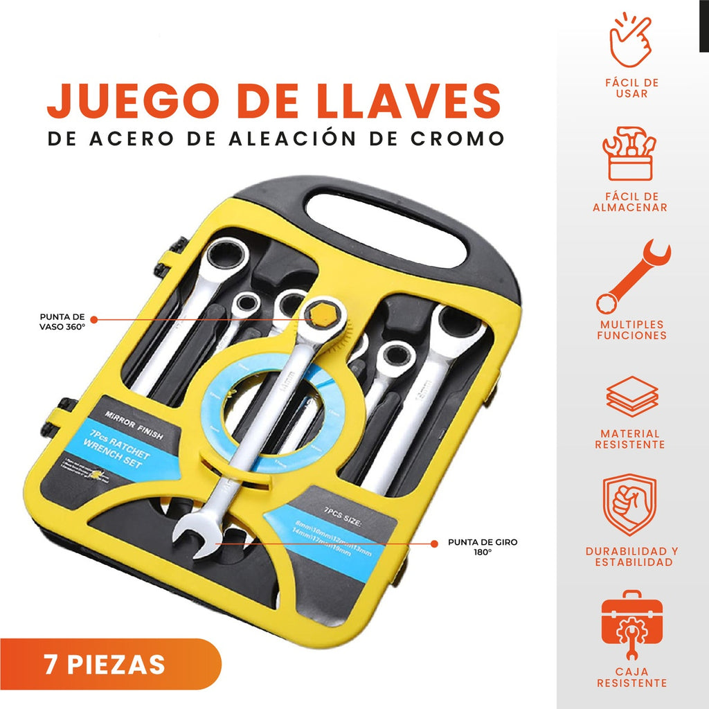 Juego De Llaves Mixtas Rachet Estuche 7 Piezas Chrome Vanadium