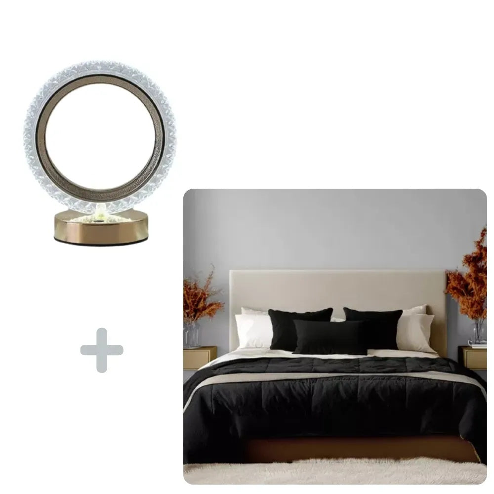 Combo Cubrelecho Termico Cama Doble Negro + Lampara Mesa De Noche Lujo 3 Tonos