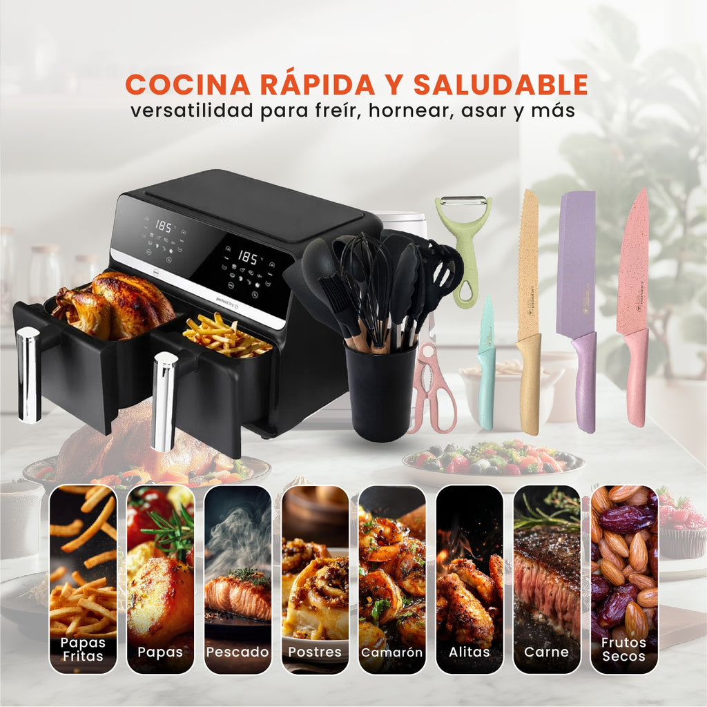 Freidora De Aire Nobelsound Air Fryer Doble Bandeja Con Utensilios Cuchillos Incluidos
