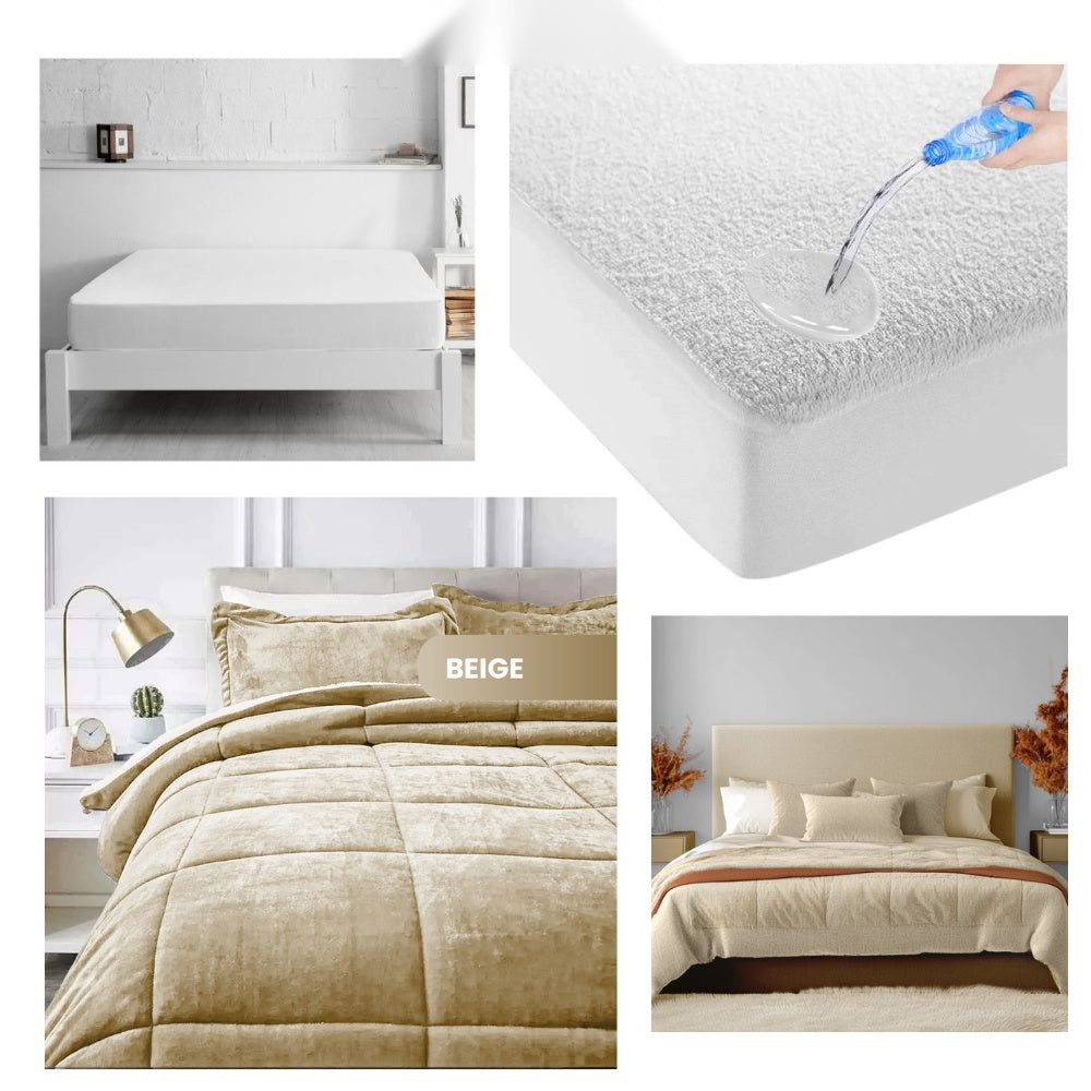 Combo Cubrelecho Termico Doble Funda Ovejero + Protector De Colchon Antifluido