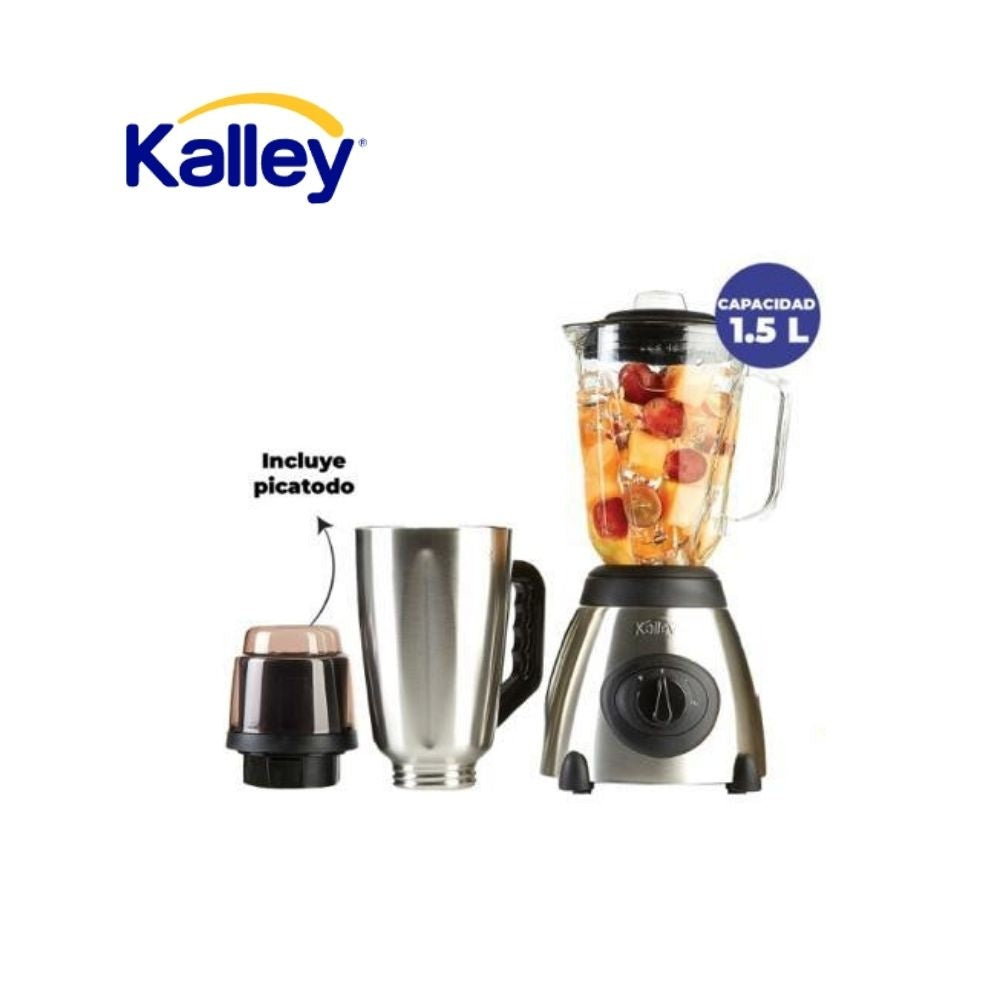Licuadora Kalley 1.5L Vaso Vidrio + Acero Inoxidable Con Picatodo Potente