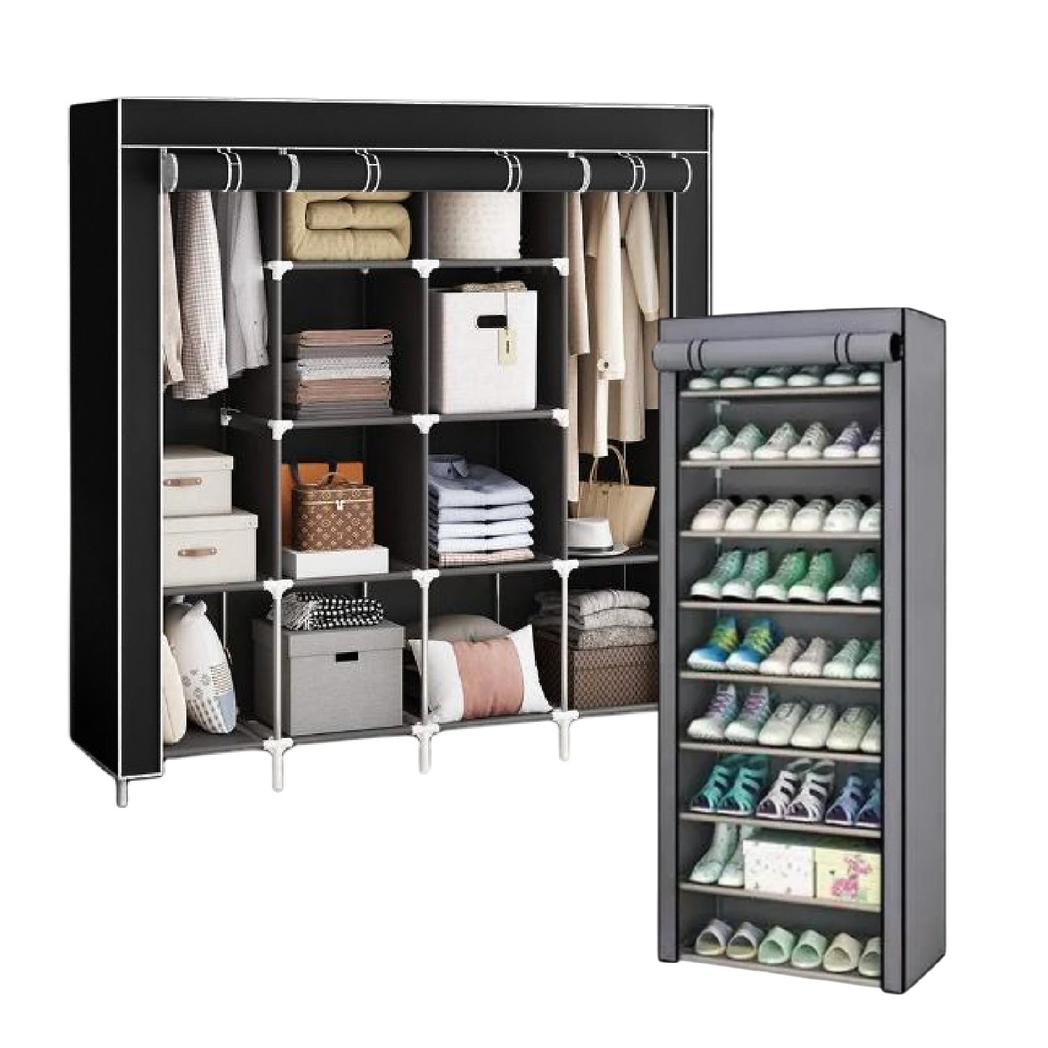 Combo Armario Organizador De Ropa Extra Grande 4 Puertas Y Zapatero 9 Niveles