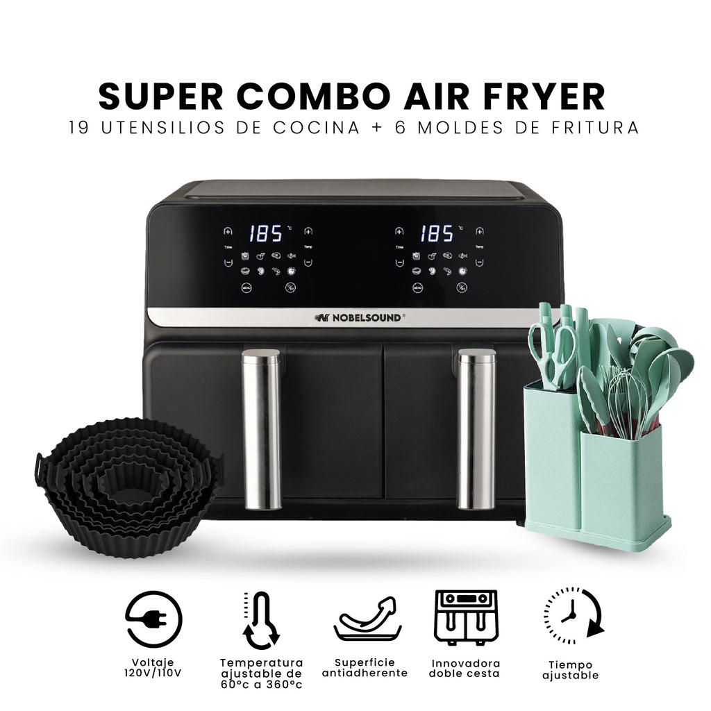 Freidora De Aire Nobelsound Air Fryer Doble Bandeja Con Accesorios Y Moldes 9 Litros