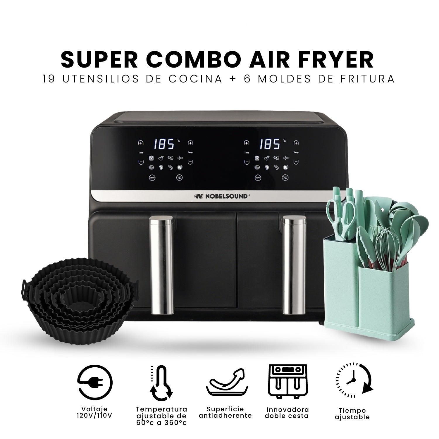 Freidora De Aire Nobelsound Air Fryer Doble Bandeja Con Accesorios Y Moldes 9 Litros