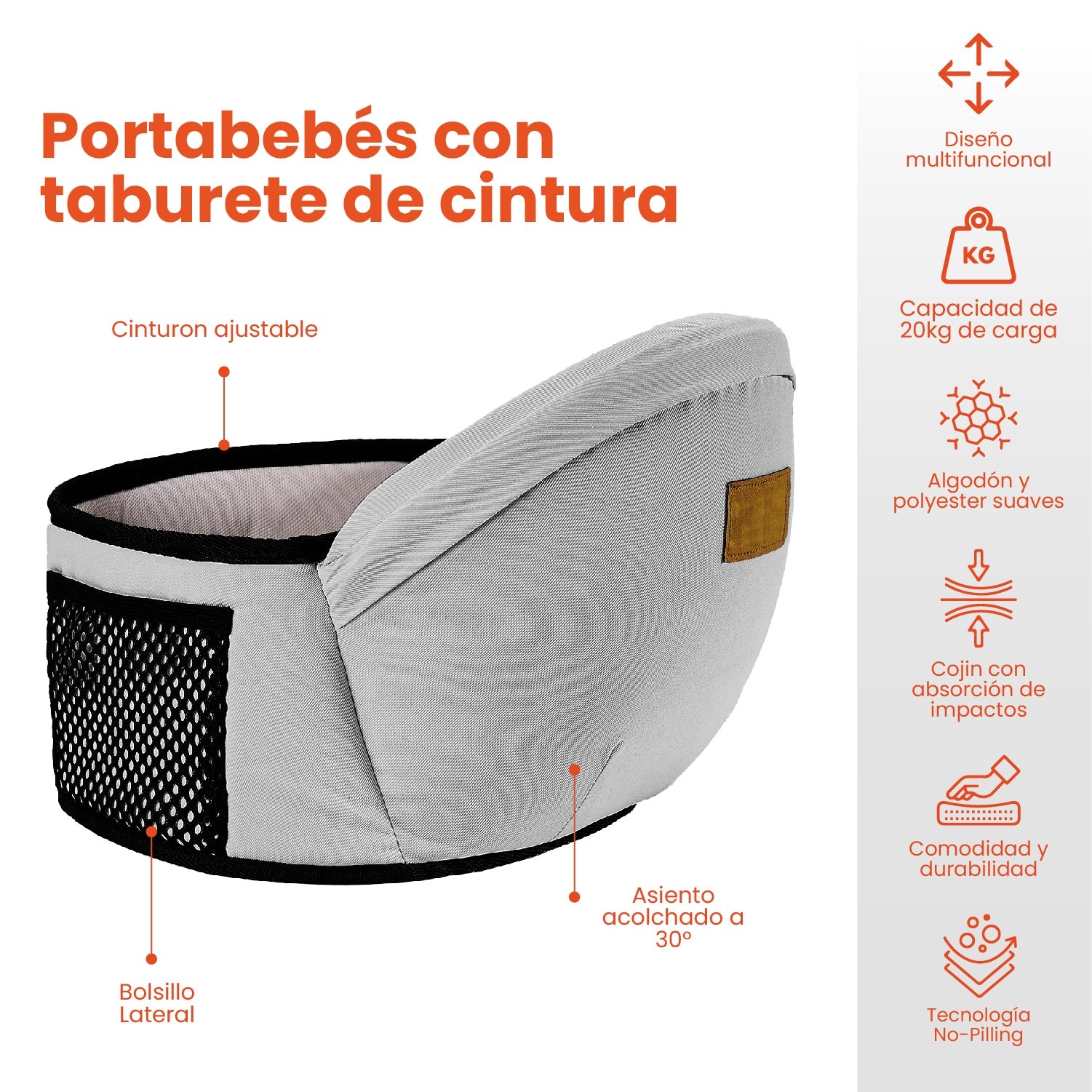 Canguro Portabebes Soporte Ergonomico Ajustable Cintura Gris Innovo