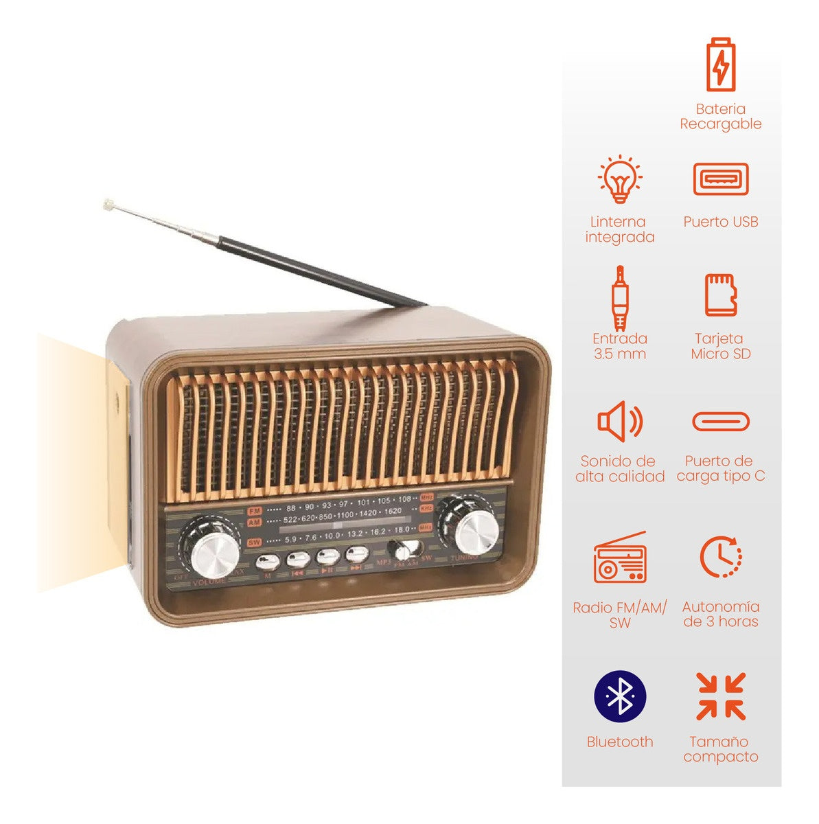 Radio Retro Am/Fm Hi-Fi Bluetooth Recargable Con Linterna Modelo Antiguo