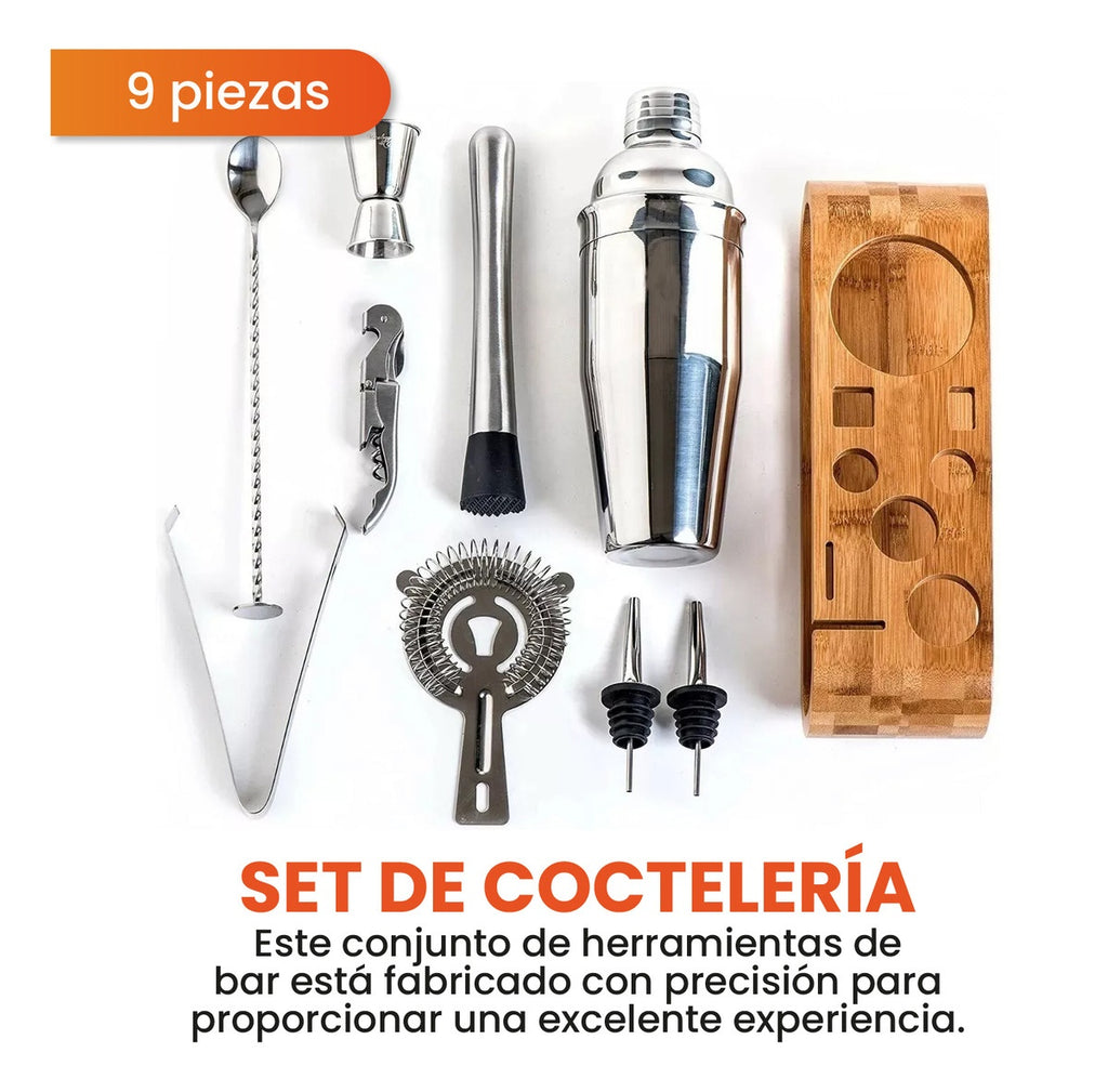 Bartender Coctelera Set Utensilios Bar Inoxidable 9 Piezas Bambu Premium Profesional