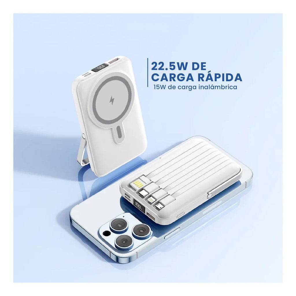 Power Bank Inalambrico Magnetico 7.000 Mah Carga Rapida 4 Cables Integrados Y Soporte 22.5W