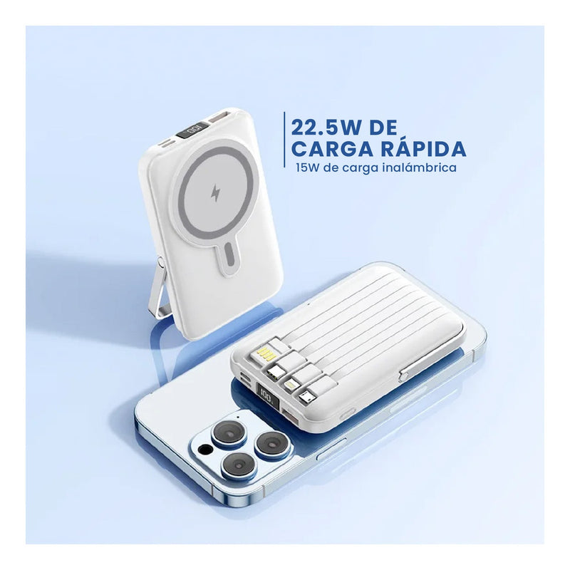 Power Bank Inalambrico Magnetico 7.000 Mah Carga Rapida 4 Cables Integrados Y Soporte 22.5W