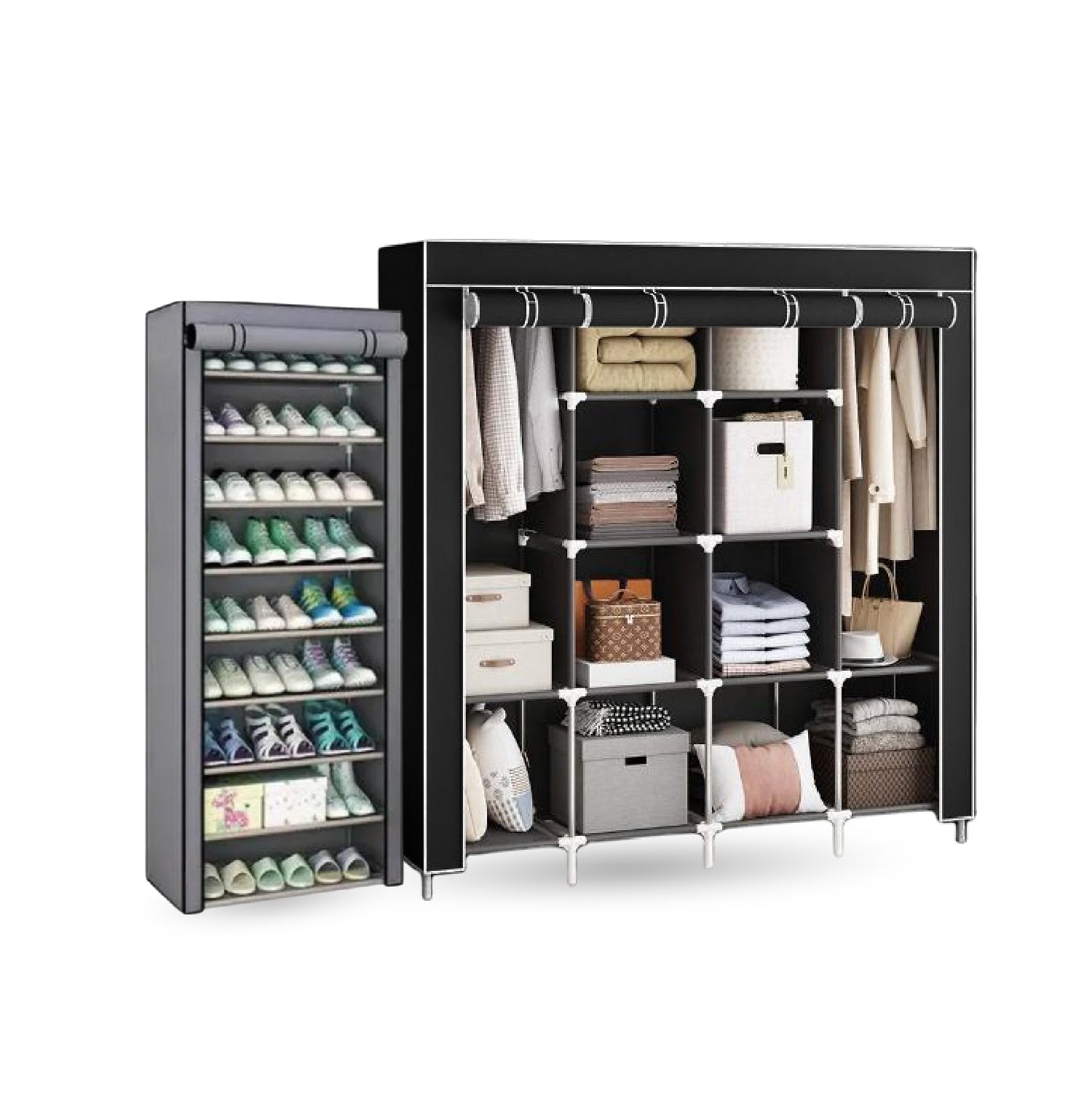 Combo Armario Organizador De Ropa Extra Grande 4 Puertas Y Zapatero 9 Niveles