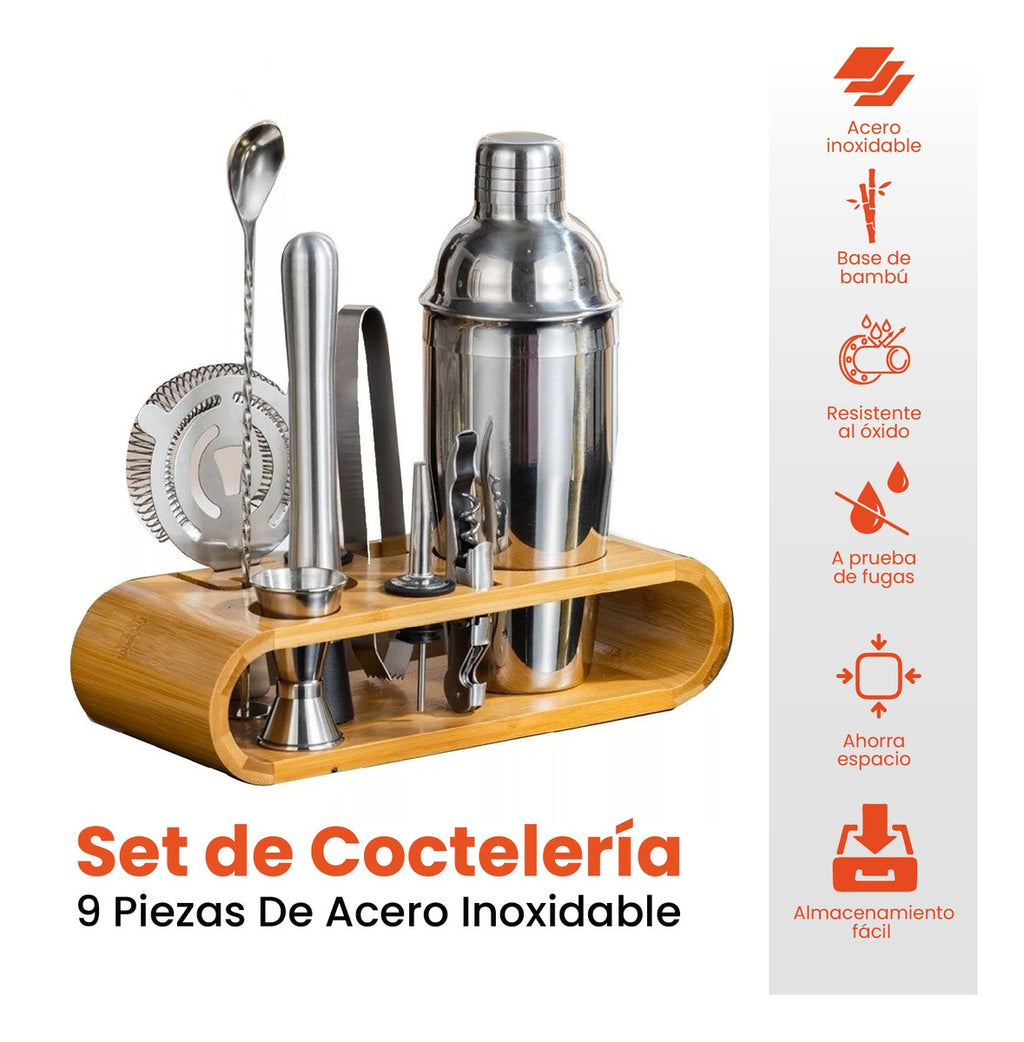 Bartender Coctelera Set Utensilios Bar Inoxidable 9 Piezas Bambu Premium Profesional