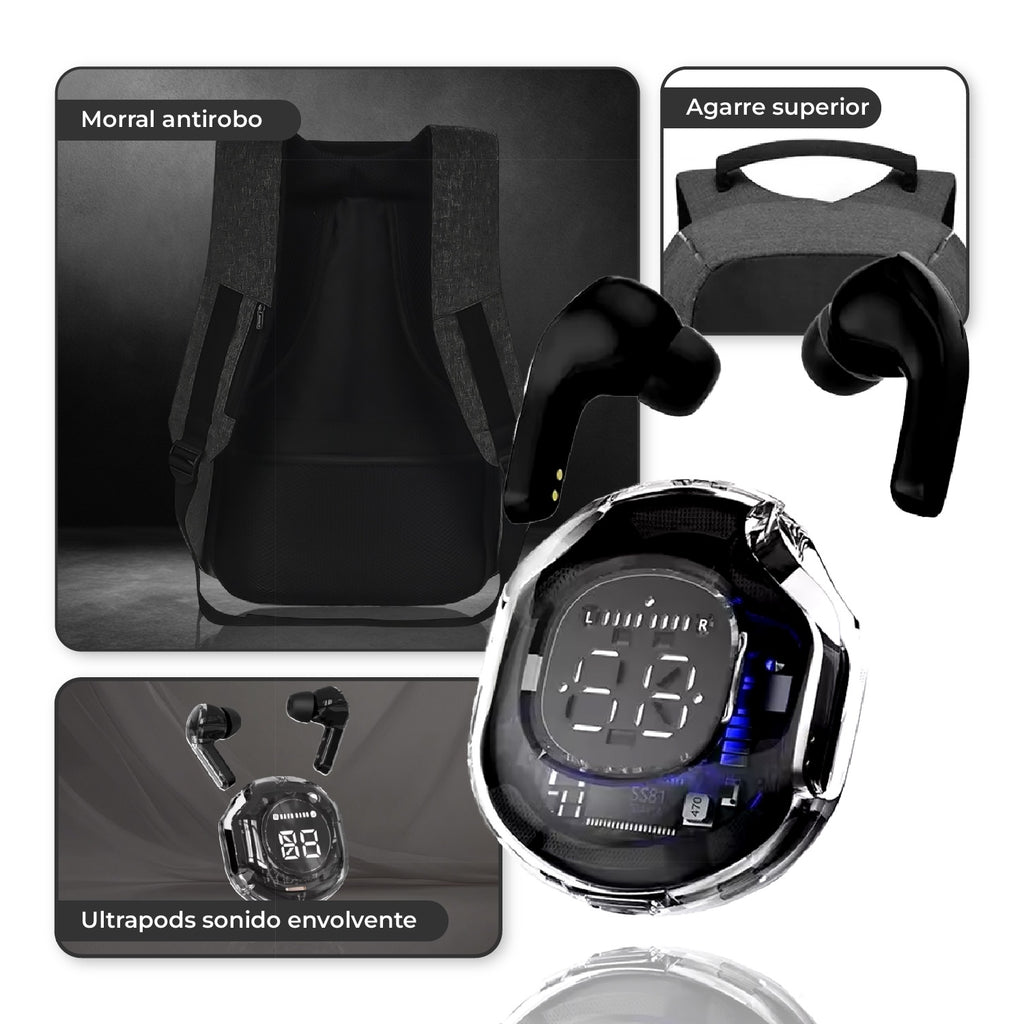 Morral Antirrobo Con Puerto Usb Y Compartimento Para Laptop Con Audifonos Bluetooth