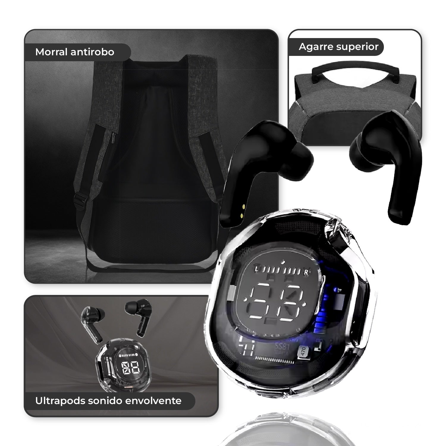 Morral Antirrobo Con Puerto Usb Y Compartimento Para Laptop Con Audifonos Bluetooth