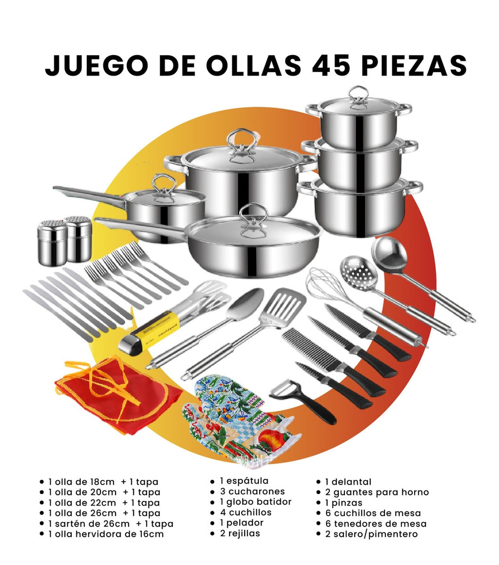 Juego Ollas Y Sartenes 45 Piezas Acero Quirurgico Inoxidable Antiadherente Cocina Cookware