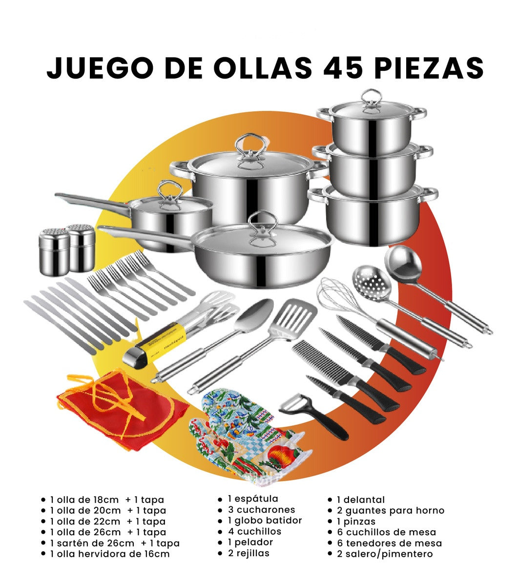 Juego Ollas Y Sartenes 45 Piezas Acero Quirurgico Inoxidable Antiadherente Cocina Cookware