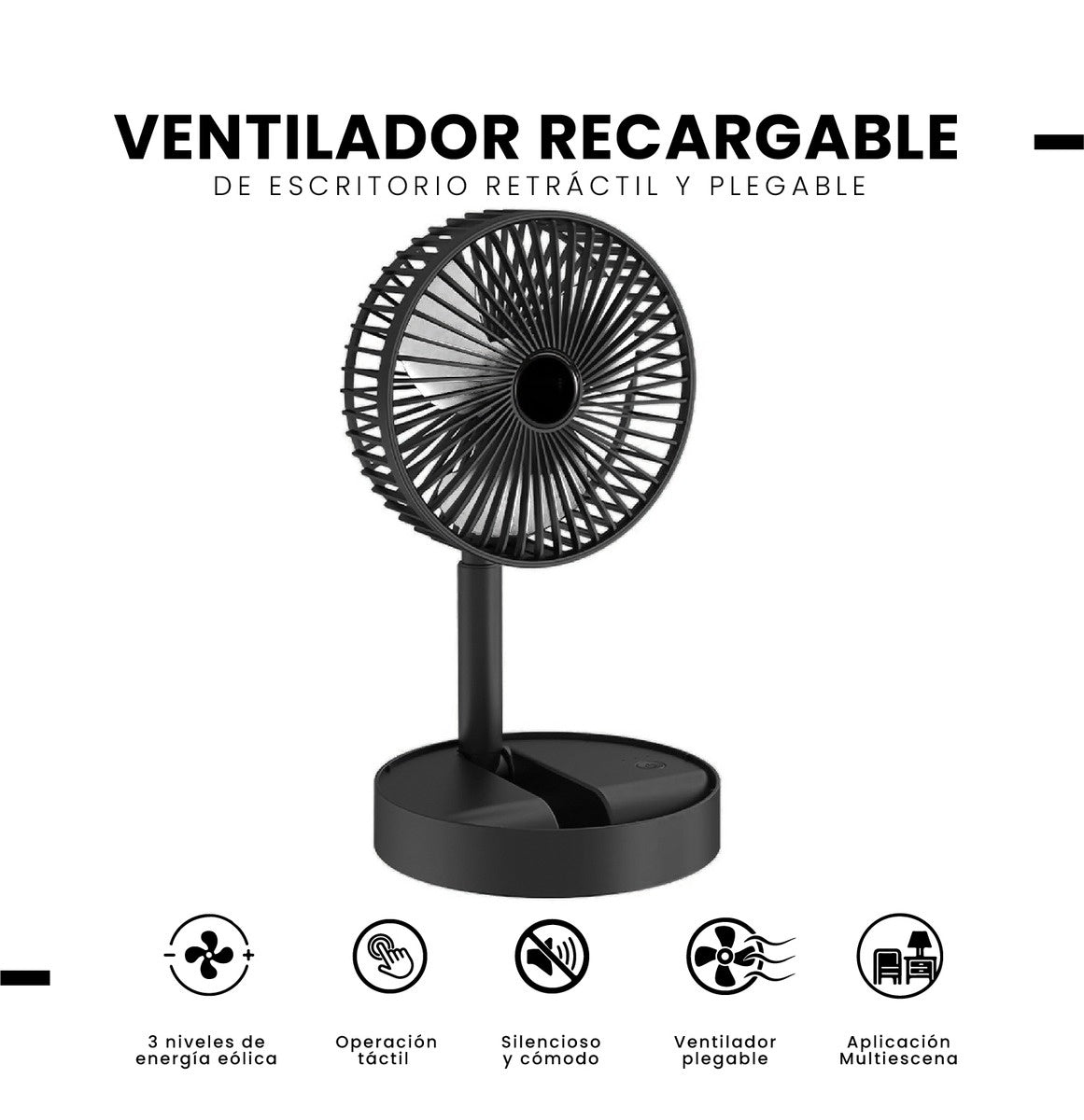Mini Ventilador De Mesa Portable Potente 3 Velocidades Soporte Para Celular Innovo Negro