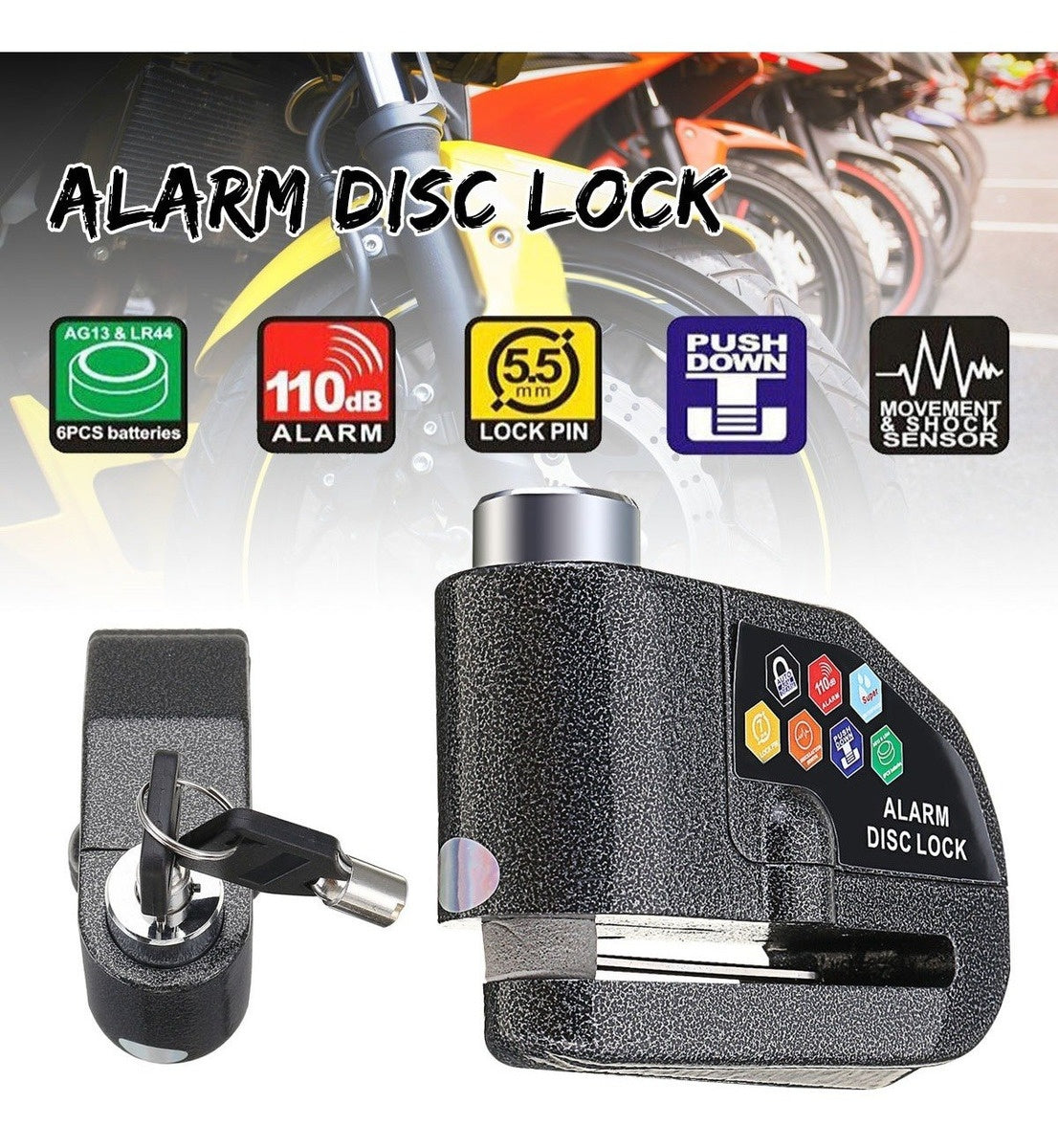 Candado Moto Alarma Freno De Disco Original Premium 2 Llaves