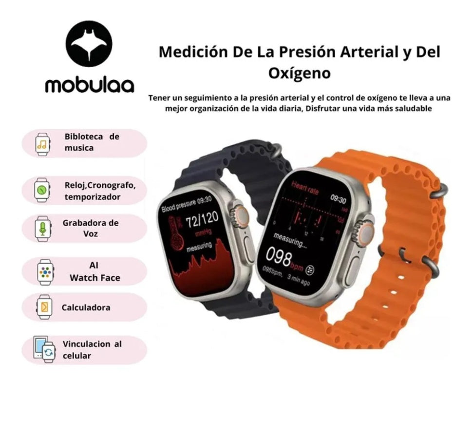 Smartwach Amoled Mobulaa Con 7 Correas Naranjas H9 Ultra Notificaciones Plus Innovo