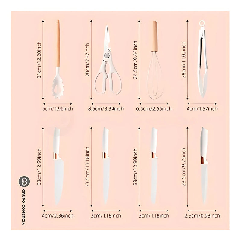 Combo Mandolina Picatodo Verdura + Tabla De Picar Descongela Carne+ Set Utensilios X12 Piezas En Silicona