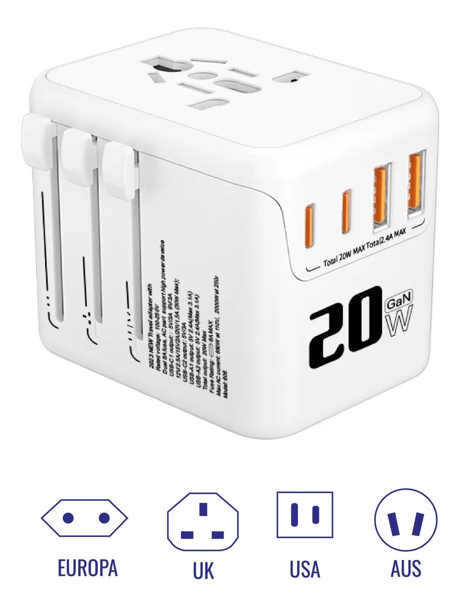 Convertidor Mundial Adaptador Carga Rapida 20W Puerto Usb-C