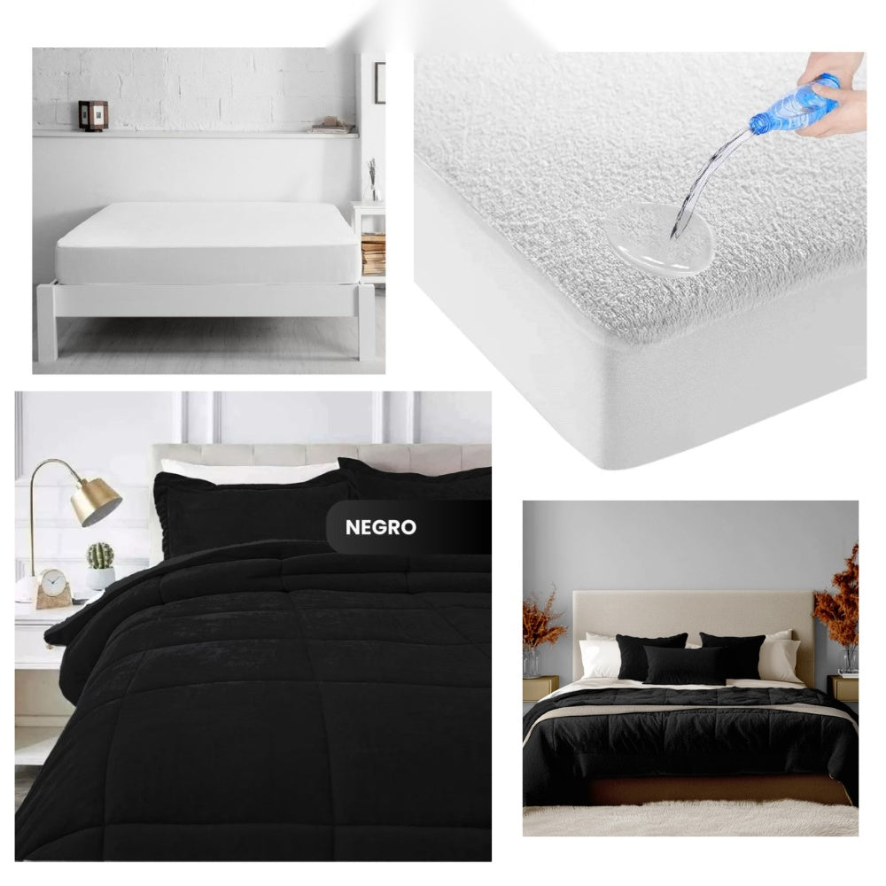 Combo Cubrelecho Termico Doble Funda Ovejero + Protector De Colchon Antifluido