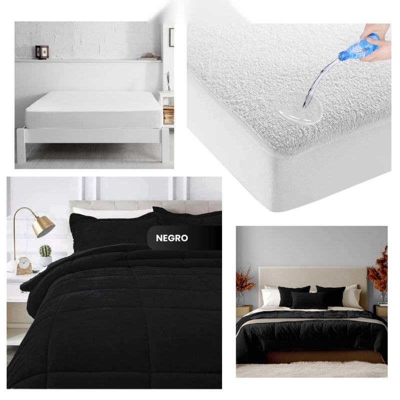 Combo Cubrelecho Termico Doble Funda Ovejero + Protector De Colchon Antifluido