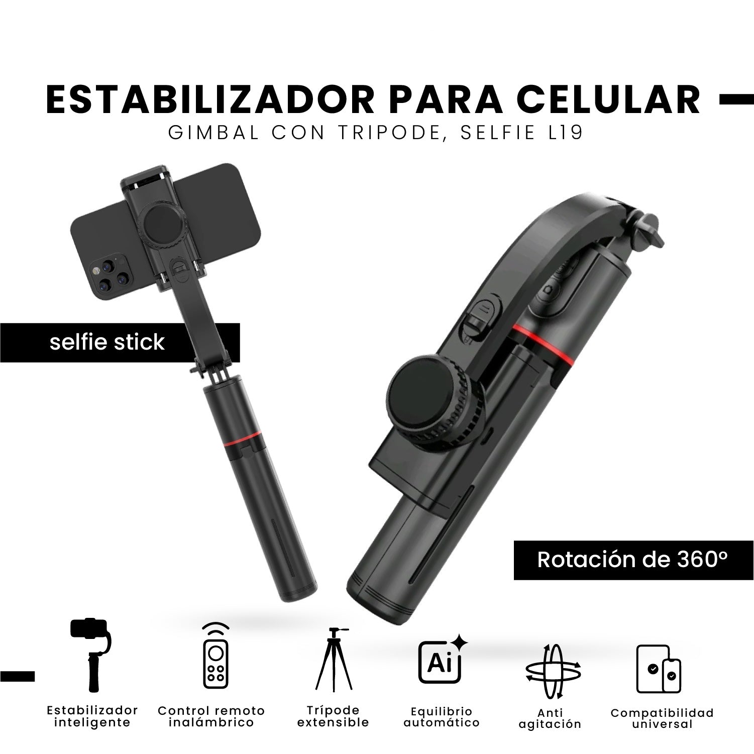 Estabilizador Gymbal Tripode Selfie Todo En 1 Aluminio Con Bluetooth L19 Profesional