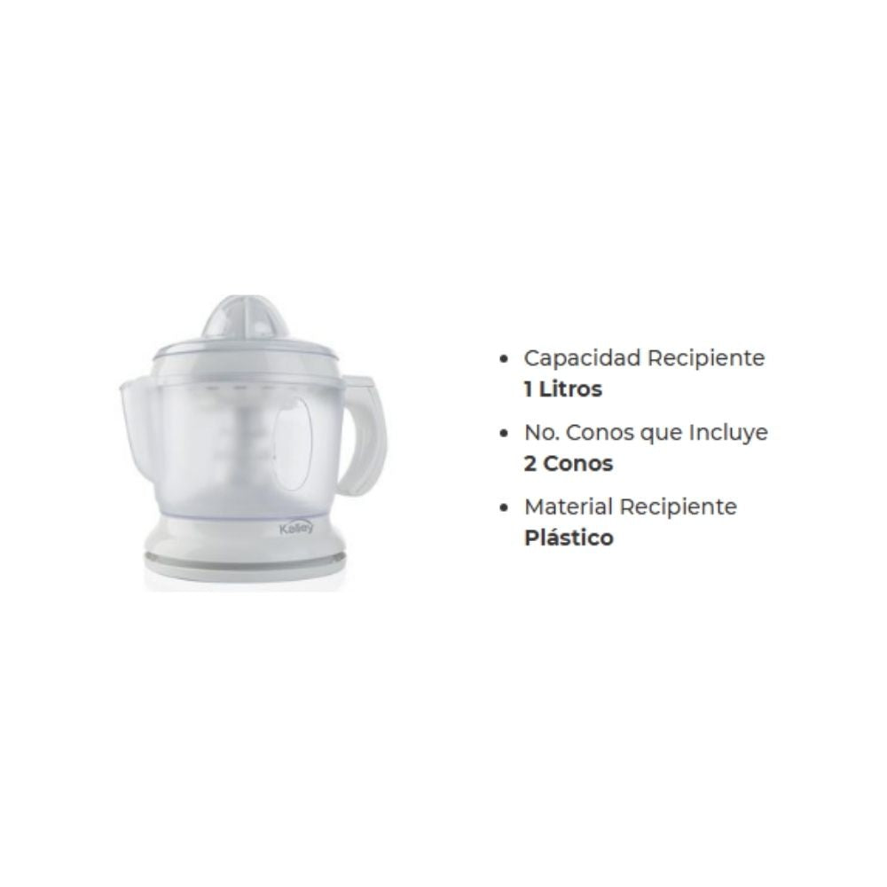 Exprimidor Electrico Kalley 1L Con 2 Conos, Jarra Plastica Resistente