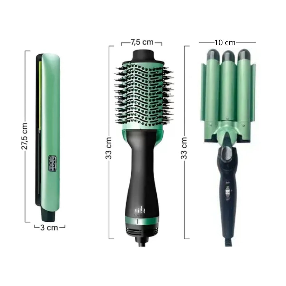 Tri Combo Aguacate Cepillo Secador + Plancha Cabello + Pinza Sirena + Obsequio Toalla Microfibra Cabello