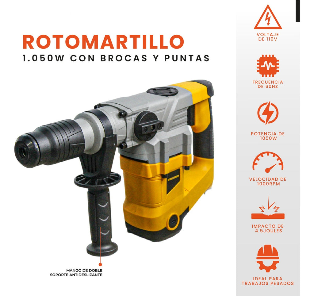 Rotomartillo Profesional Trabajo Pesado Estuche 1050W Accesorios