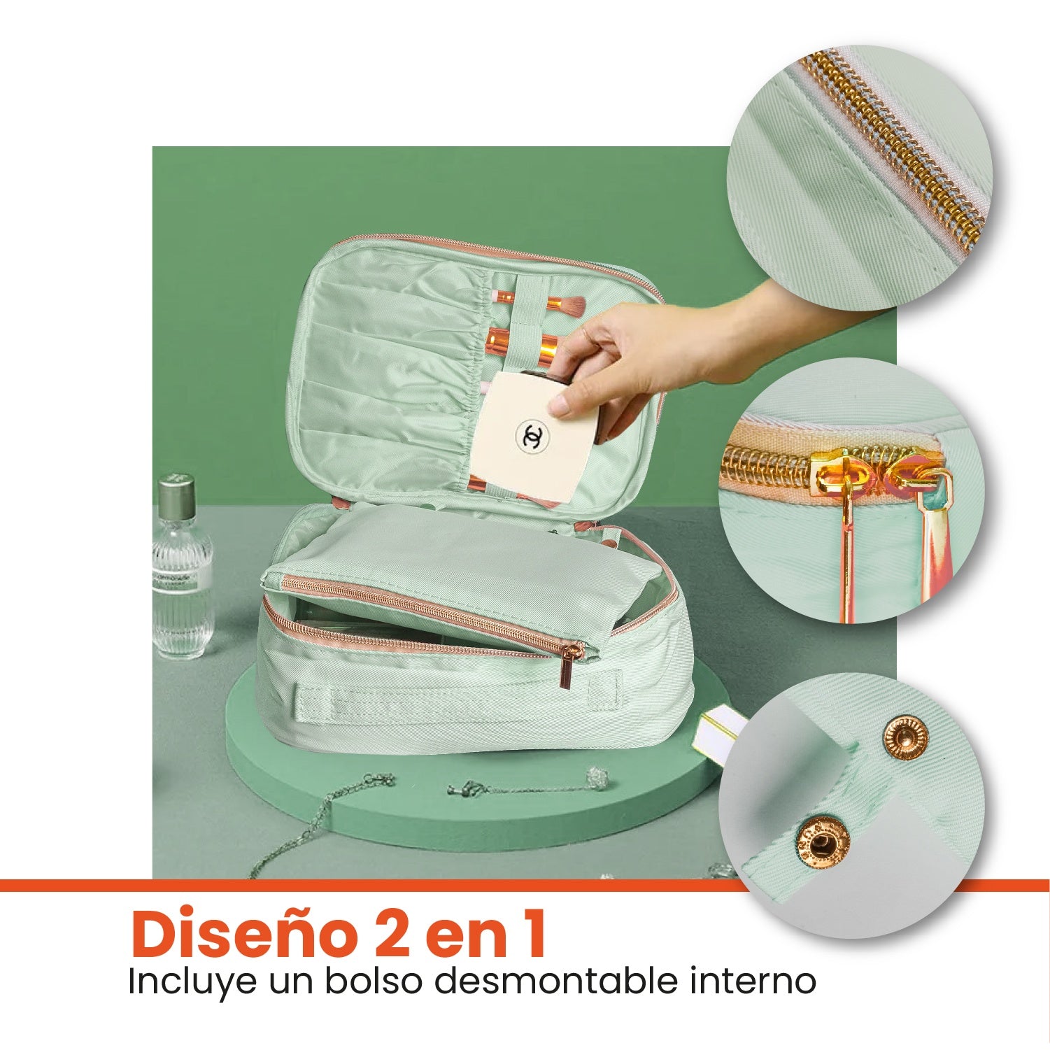 Cosmetiquera Para Dama Organizador Maquillaje Neceser Verde Claro