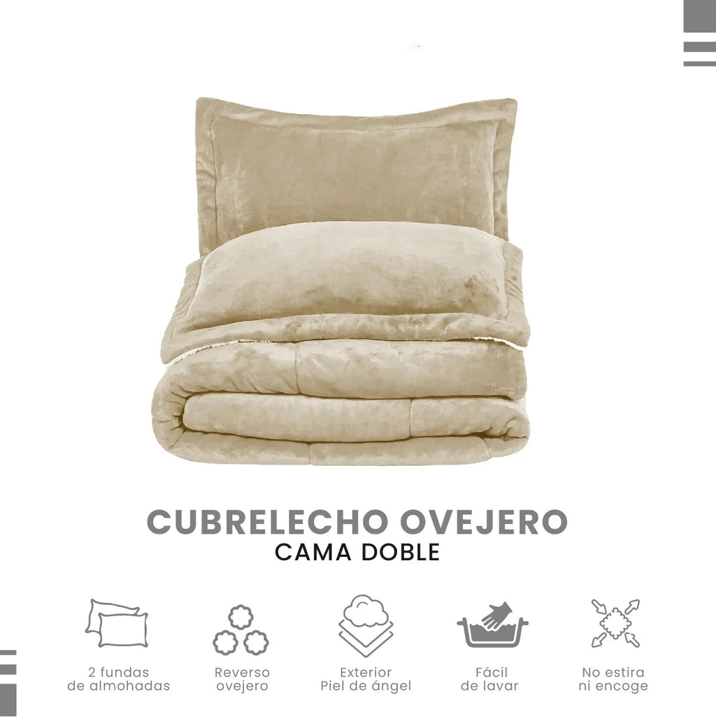 Combo Cubrelecho Beige Termico Cama Doble + 2 Almohadas Confort + Obsequio Fundas Satin