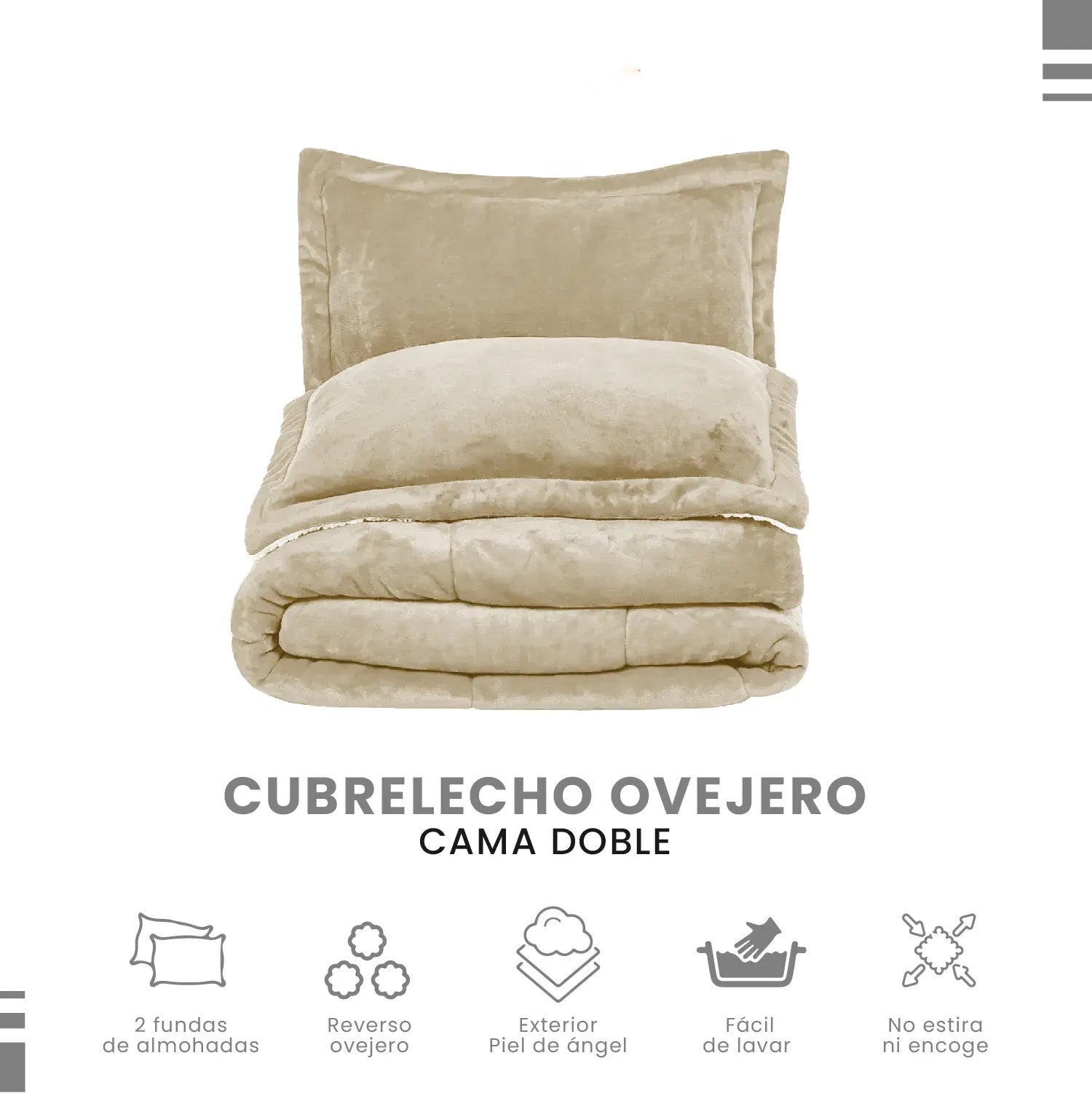 Combo Cubrelecho Beige Termico Cama Doble + 2 Almohadas Confort + Obsequio Fundas Satin