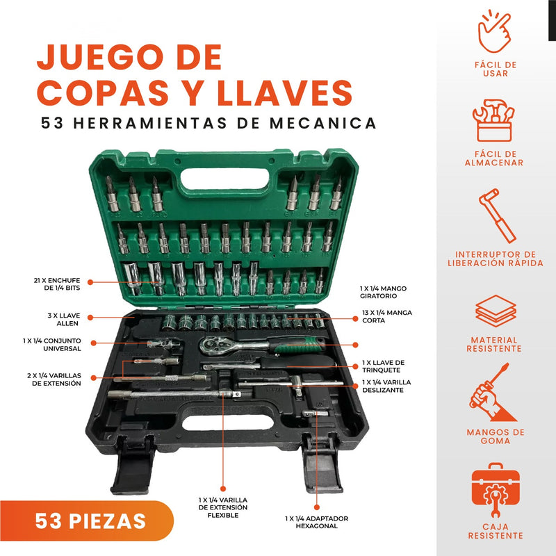 Juego De Rachet 53 Piezas Chrome Vanadium Con Estuche