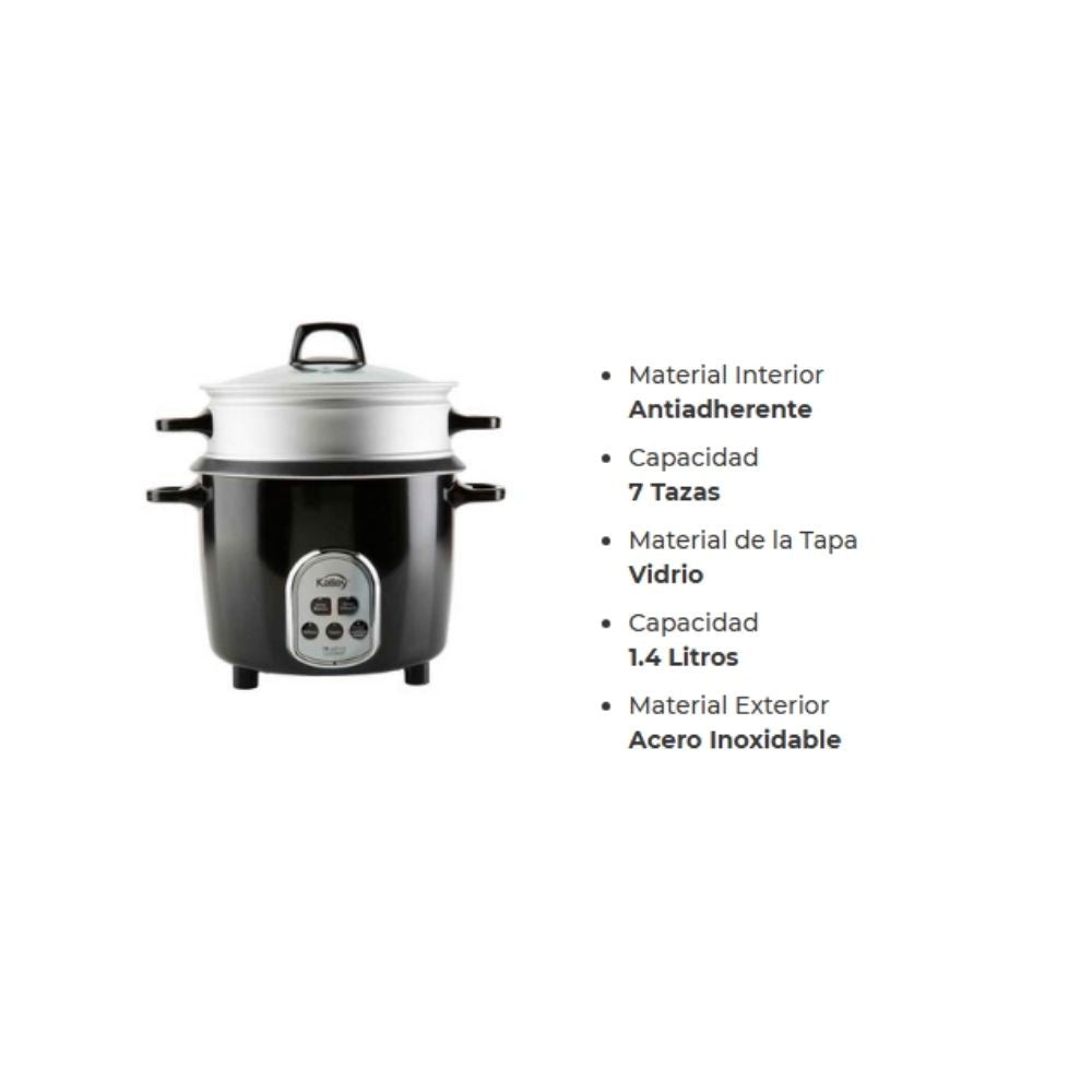 Arrocera Electrica Kalley 1.4L 7 Tazas Antiaderente Con Vaporera Negra