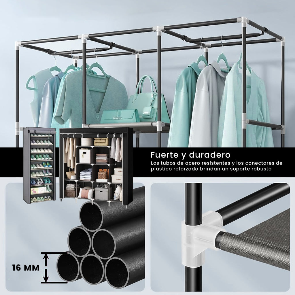 Combo Armario Organizador De Ropa Extra Grande 4 Puertas Y Zapatero 9 Niveles