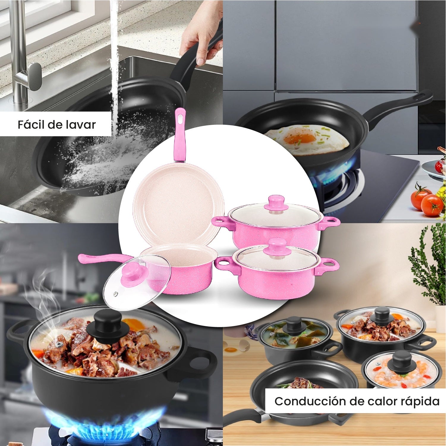 Juego De Ollas Con Tapa Vidrio Esmaltada Con Utensilios 13 Piezas Rosado