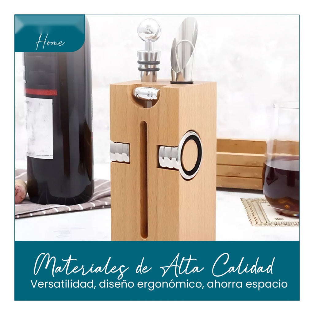 Kit Descorchador De Vino Sacacorchos 7 En 1 Metalico Madera Lujo Con Accesorios