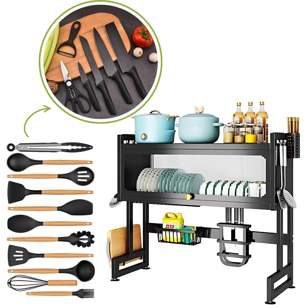 Combo Escurridor Puerta + Set Utensilios X12 + Set X6 Cuchillos Negros