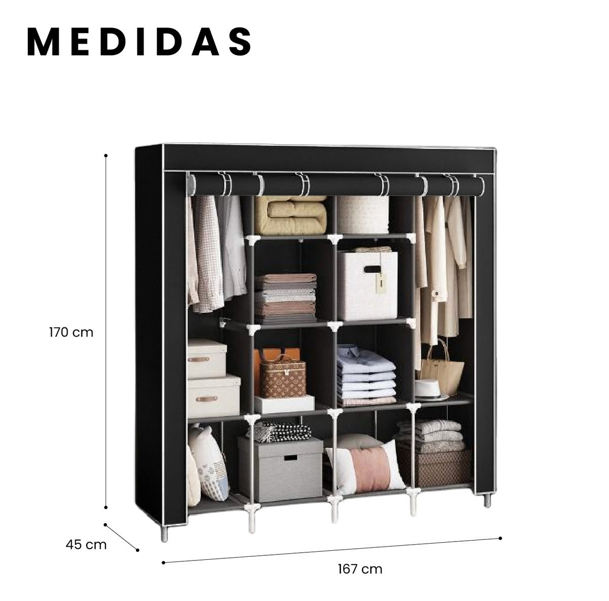 Closet Organizador De Ropa Plegable Armable 4 Puertas Tela Negro Innovo+